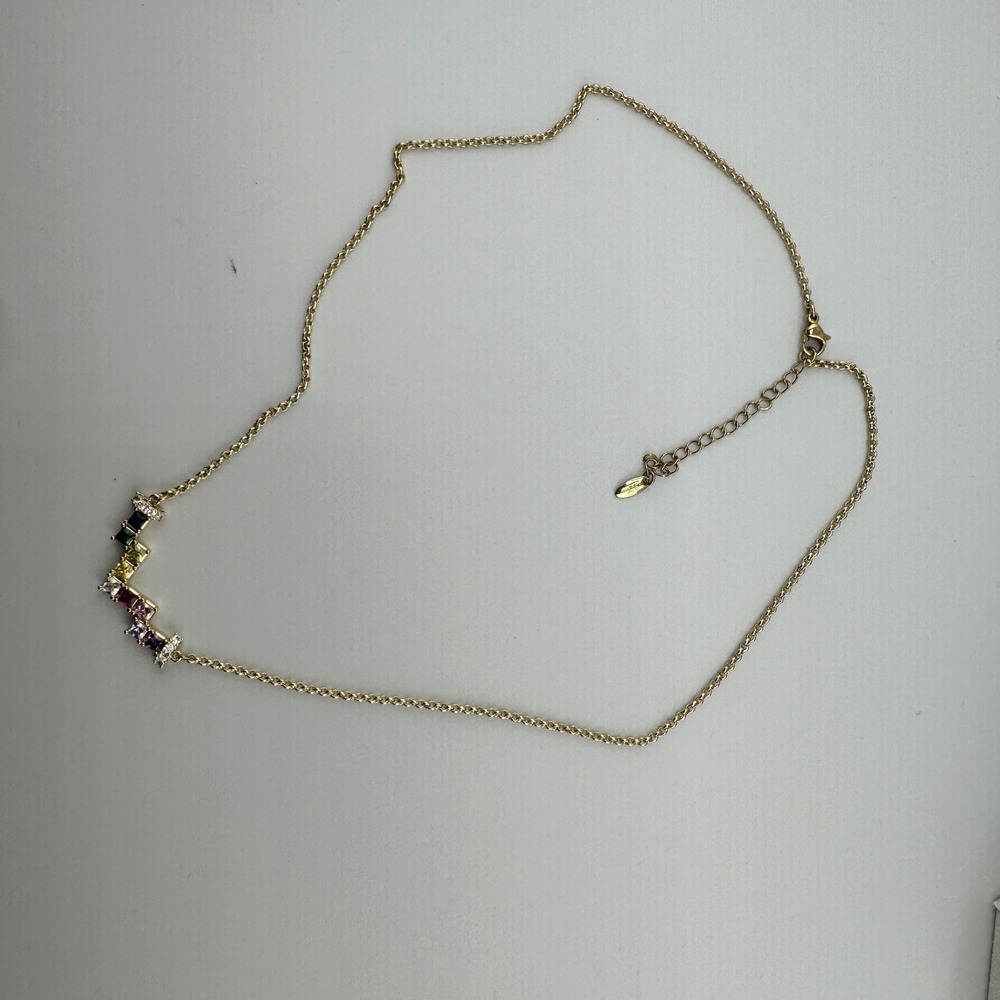 Gold Tone Rainbow Crystal Chevron Pendant Necklace Multi Color Princess Cut - Picture 4 of 4